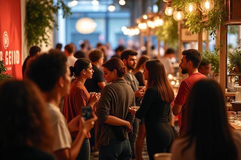 A lively coffee event in London, showing people engaged in coffee tasting and discussions, with EmberGrind branding subtly visible.