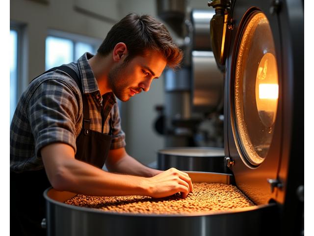 Artisan roaster carefully inspecting coffee beans in a modern London roastery, symbolizing EmberGrind's origin and dedication to quality.