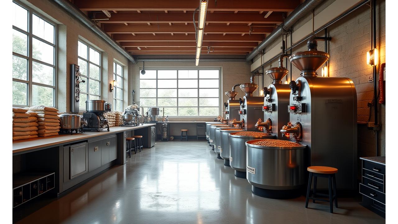 Inside EmberGrind's spacious, modern roasting facility showing large, polished coffee roasting machines.