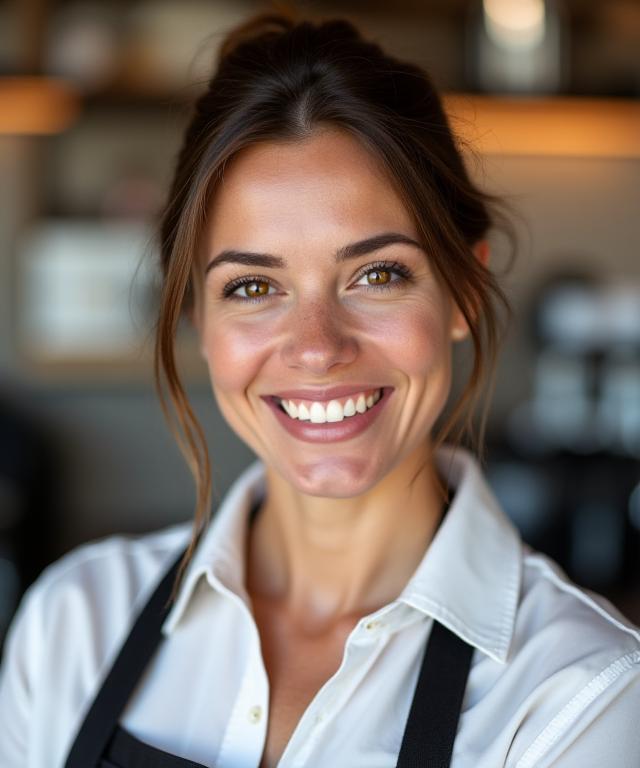 Portrait of Clara Jensen, EmberGrind's Head Barista Trainer, smiling genuinely.
