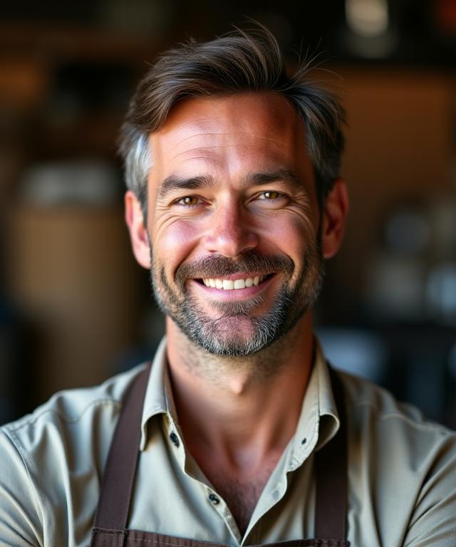 Portrait of Elias Thorne, EmberGrind's Master Roaster, with a confident and knowledgeable expression.