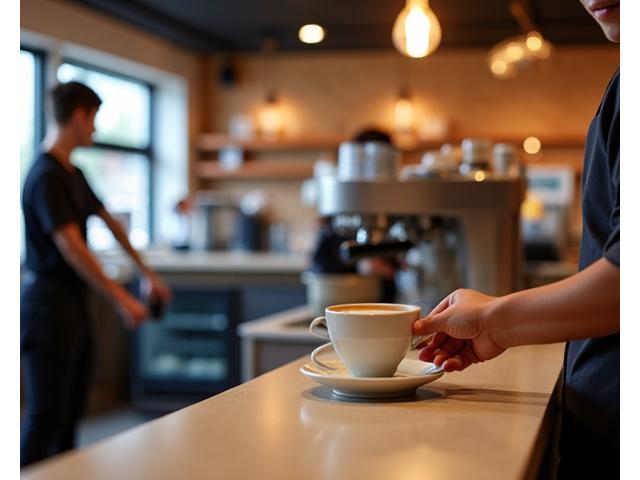 Small coffee shop counter with a barista attending to a customer, representing business operations.