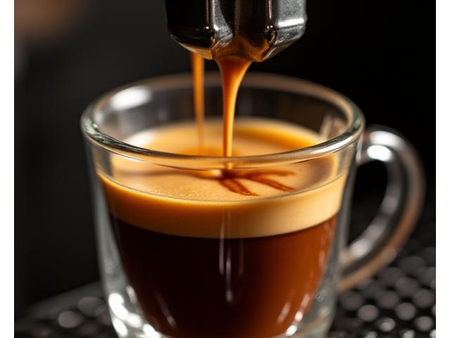 Close-up of perfect espresso shot pouring from a professional machine.