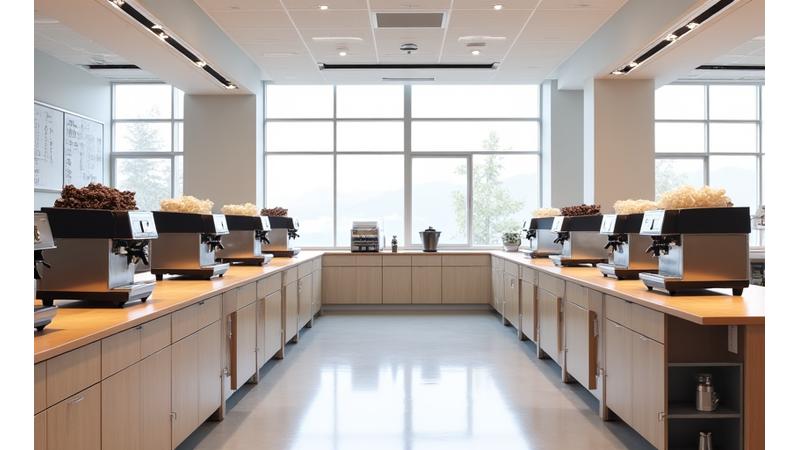 Modern, clean barista training space with multiple espresso machines and stations.