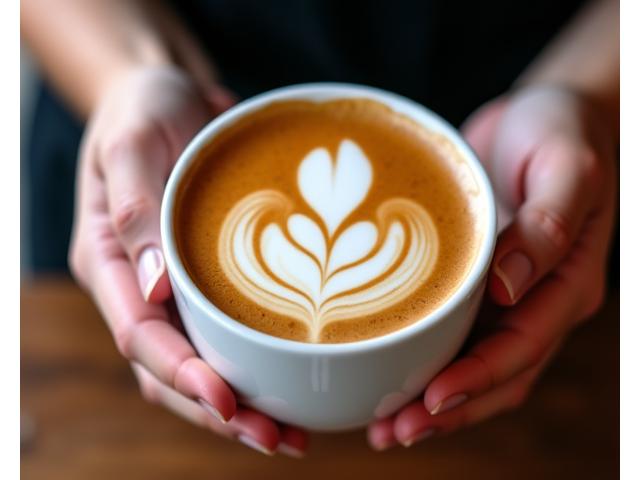 Barista meticulously pouring latte art into a coffee cup.