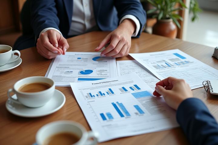 Hands collaborating over financial documents and coffee cups in a modern office setting
