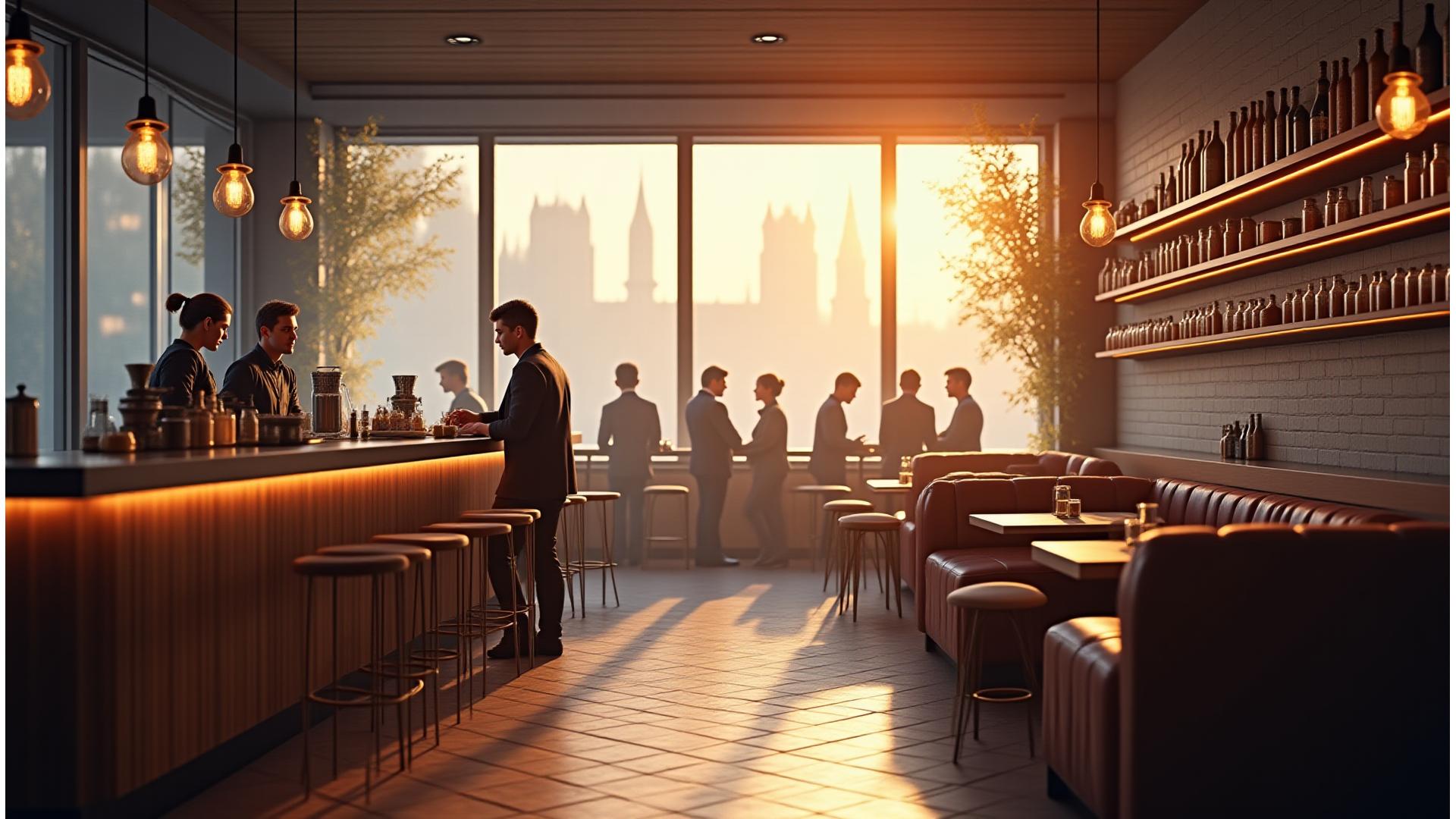 Artfully designed London cafe interior, bustling with customers and expert staff
