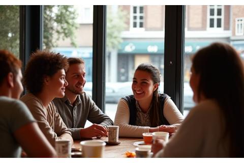 Diverse group of people enjoying coffee in a London neighborhood cafe