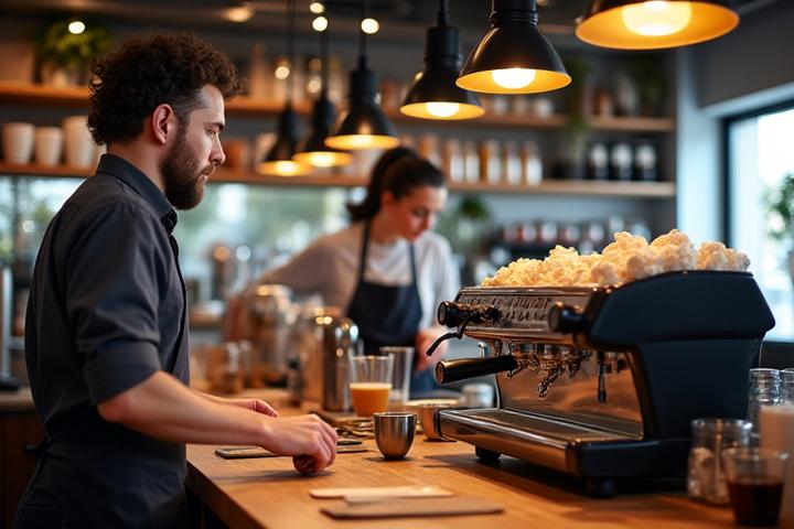 Busy barista efficiently preparing multiple coffee orders in a well-organized cafe kitchen