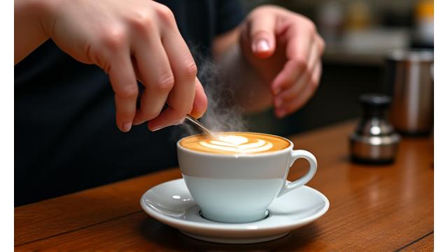 Experienced barista teaching latte art techniques to a trainee