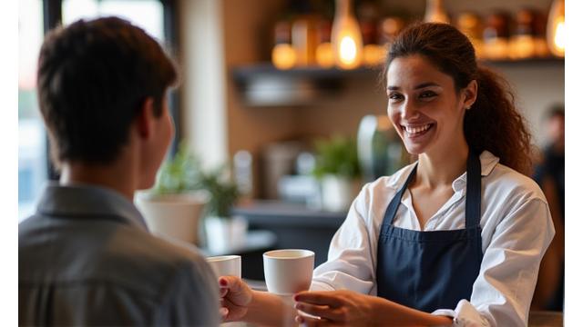 Friendly cafe staff member warmly greeting a customer at the counter