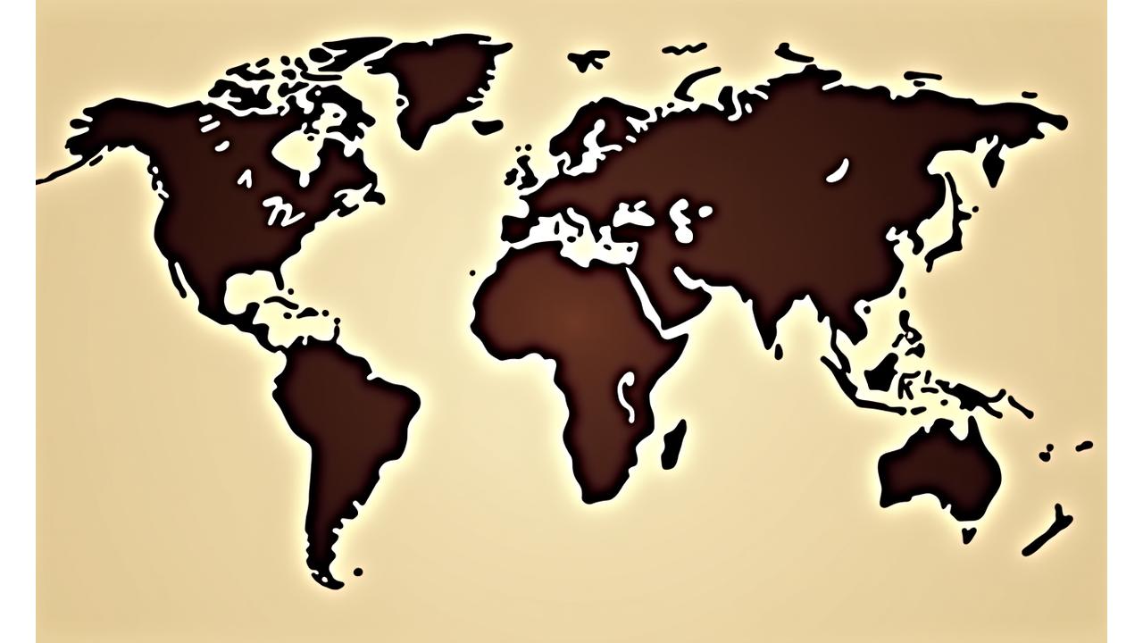 World map showing coffee sourcing locations with glowing dots, representing ethically sourced beans.