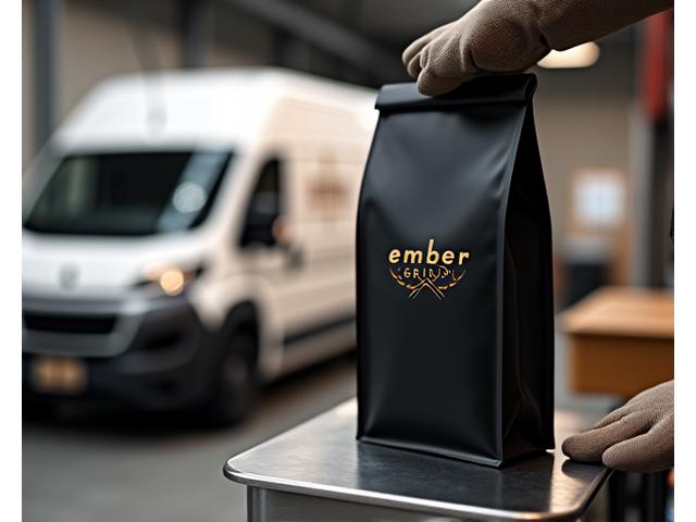 Freshly roasted coffee beans being sealed in high-quality, opaque packaging. In the background a delivery van can be seen.