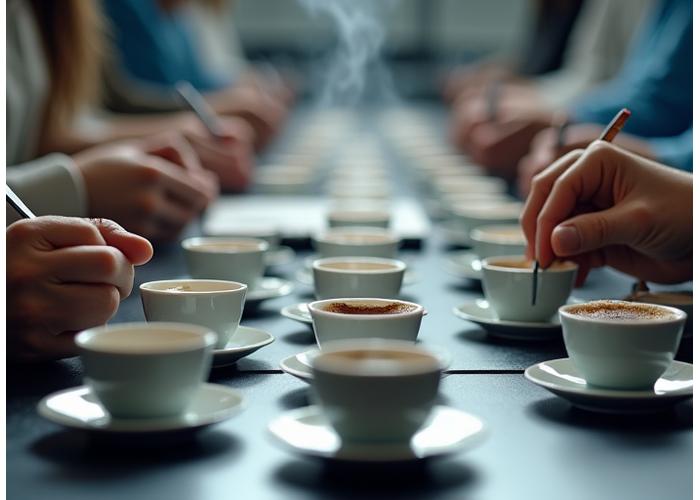 Professional coffee cupping session with various coffee samples, tasters, and cupping bowls, focusing on the sensory analysis process.