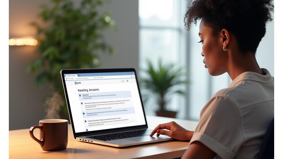 Person using a laptop with coffee, browsing a knowledge base or FAQ section, symbolizing self-service support