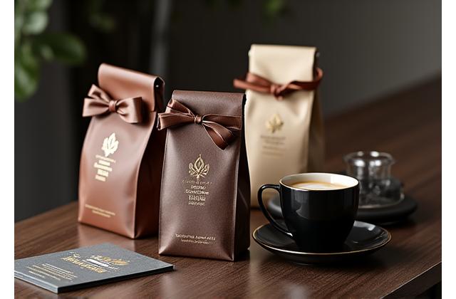 Elegant custom branded coffee bags arranged as corporate gifts.
