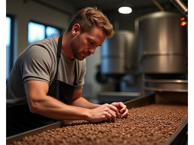 Expert roaster carefully inspecting a batch of custom coffee beans