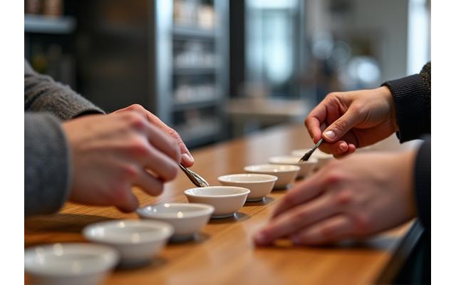 A lab-style coffee cupping session with professional tasters evaluating coffee samples for quality and consistency.