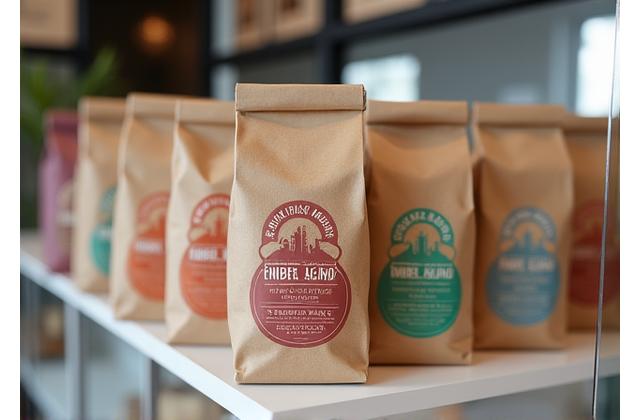 Custom branded coffee bags and retail shelving with unique packaging designs.