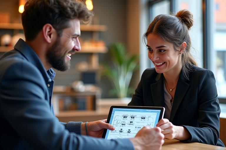 Two coffee professionals discussing cafe equipment plans on a tablet in a London cafe setting.
