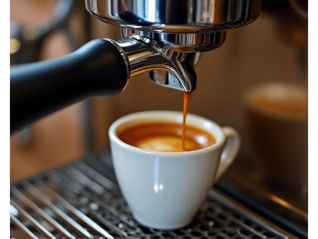 Close-up of a sleek, chrome commercial espresso machine in operation, producing a perfect shot.