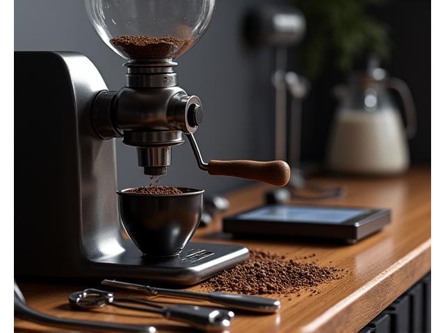 Professional coffee grinder next to various barista tools like tampers and scales.