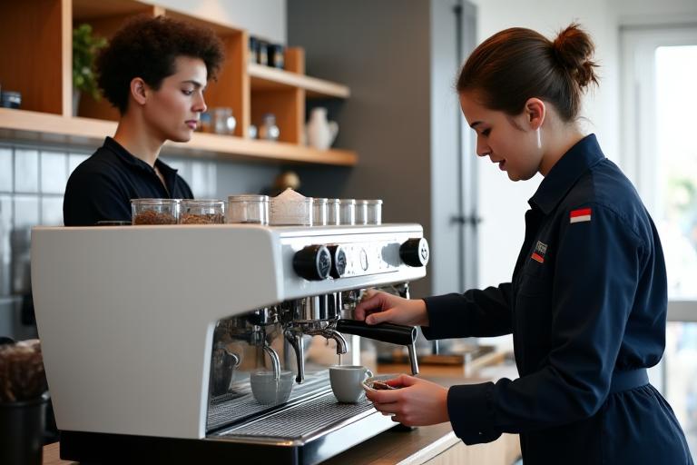 Barista receiving training on a new professional espresso machine from a coffee equipment specialist.