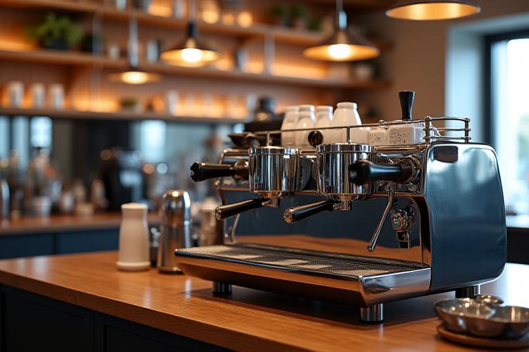 A modern barista station with a high-end espresso machine, grinder, and coffee brewing tools, showcasing professional cafe equipment.