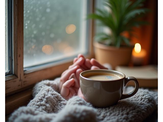 A person calmly reading a book with a coffee cup nearby, soft ambient light, suggesting relaxation and peace.