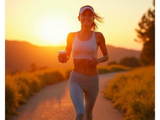 An active person during a morning run with a bright sun overhead, holding a reusable coffee cup, conveying vitality.