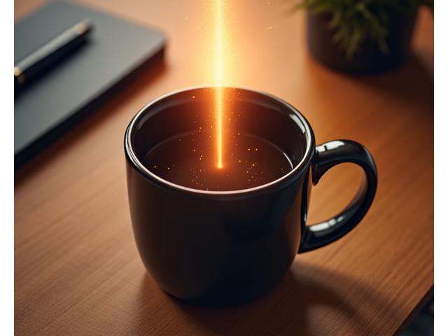 A coffee mug with steam, with subtle graphic overlays depicting brain activity or light rays, suggesting focus.