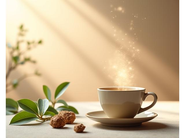 A serene scene of a person holding a cup of steaming coffee with subtle, stylized glowing elements representing energy and focus radiating from the cup, set against a warm, minimalist background. Botanical elements like mushroom caps or ashwagandha roots subtly hint at natural ingredients.