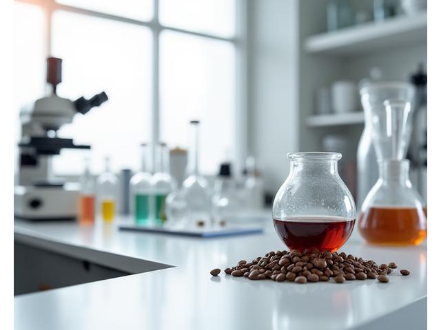 Laboratory glassware and scientific equipment on a clean bench with coffee beans scattered, symbolizing research and quality control.
