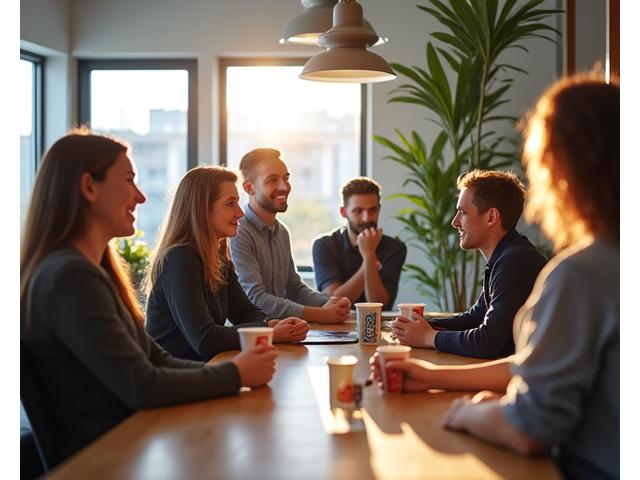 A modern, bright office breakroom with smiling employees enjoying coffee, surrounded by subtle healthy elements and collaborative atmosphere.
