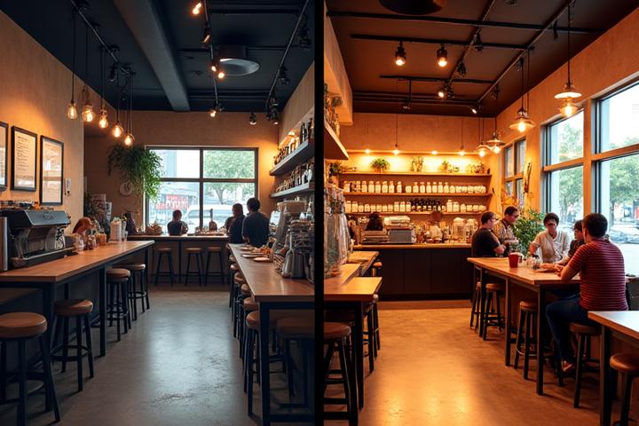 Before and after of a small cafe, showing its transformation with new branding and coffee bar, improved after EmberGrind's consulting.