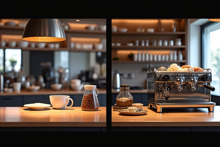 A fine dining restaurant kitchen before and after shot, showing improved coffee station layout and premium coffee service, from EmberGrind partnership.