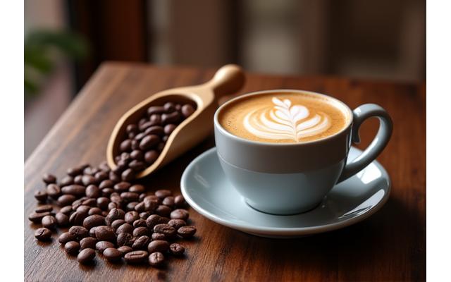 Decaffeinated coffee beans and a steaming cup of decaf coffee, set in a calming, sophisticated environment.
