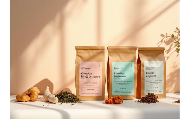 Functional coffee blends with natural ingredients in stylish packaging, promoting health and wellness.