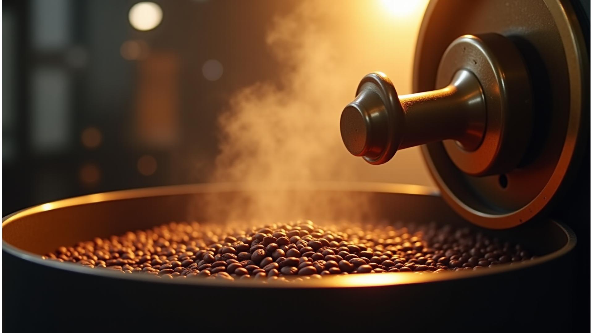 Artisan coffee beans being roasted in a large, modern roaster, with warm light and steam, conveying premium quality and craftsmanship.