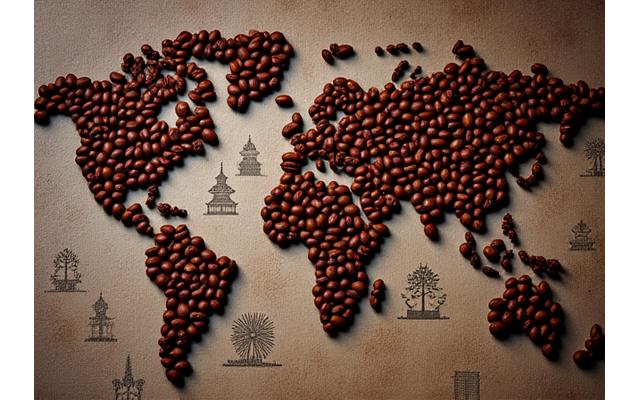 Diverse coffee beans and coffee drinks from various origins, with subtle geographical cues, representing international flavors.