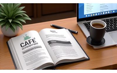 A guidebook titled 'Cafe Startup Guide' on a coffee bar counter beside a laptop.