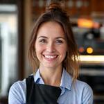 Portrait of Chloe Davis, EmberGrind's Lead Barista Trainer, engagingly smiling near an espresso machine.
