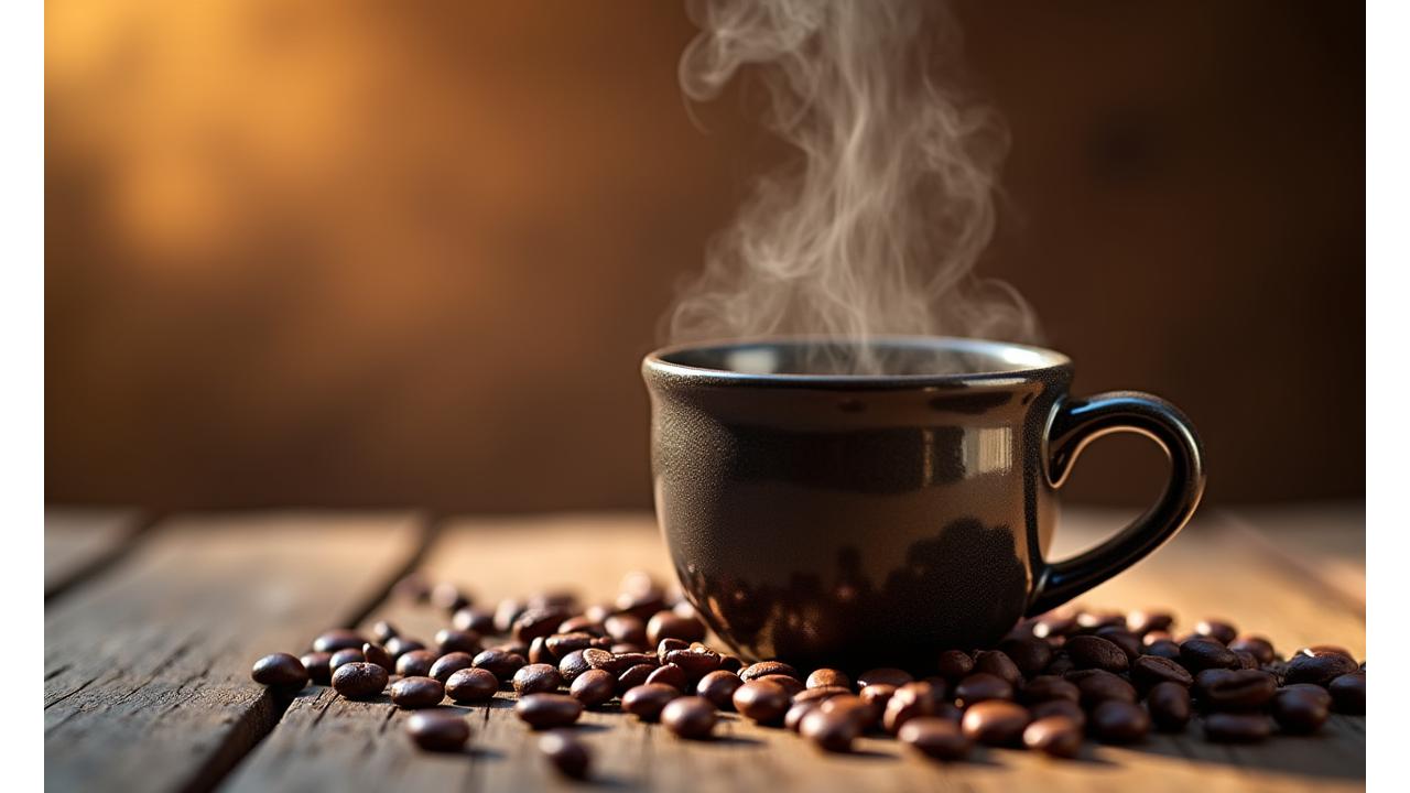 A steaming cup of rich, dark decaffeinated coffee being poured, with coffee beans scattered around, emphasizing quality and comfort.