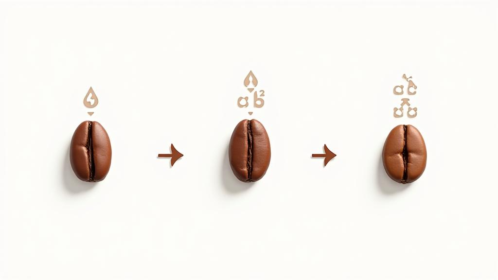 Scientific illustration showing the different molecular structures of coffee beans before and after specialized decaffeination processes (Swiss Water, CO2, Mountain Water), highlighting how flavor compounds are retained while caffeine is removed. Clean, modern aesthetic.