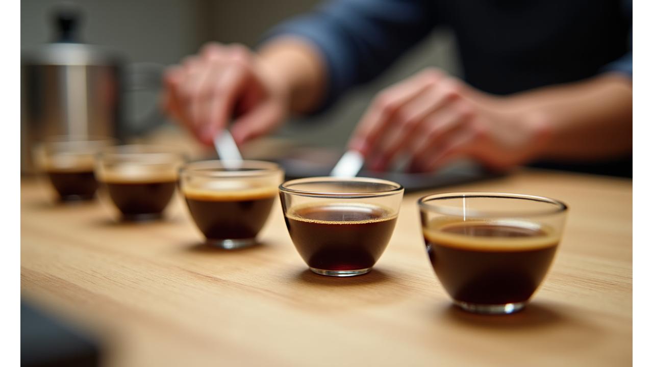 A professional coffee cupping table spread with several small bowls of decaffeinated coffee, a cupping spoon, and tasting notes. The scene should emphasize the serious evaluation and appreciation of decaf coffee's complex flavor profiles, with warm, inviting lighting.