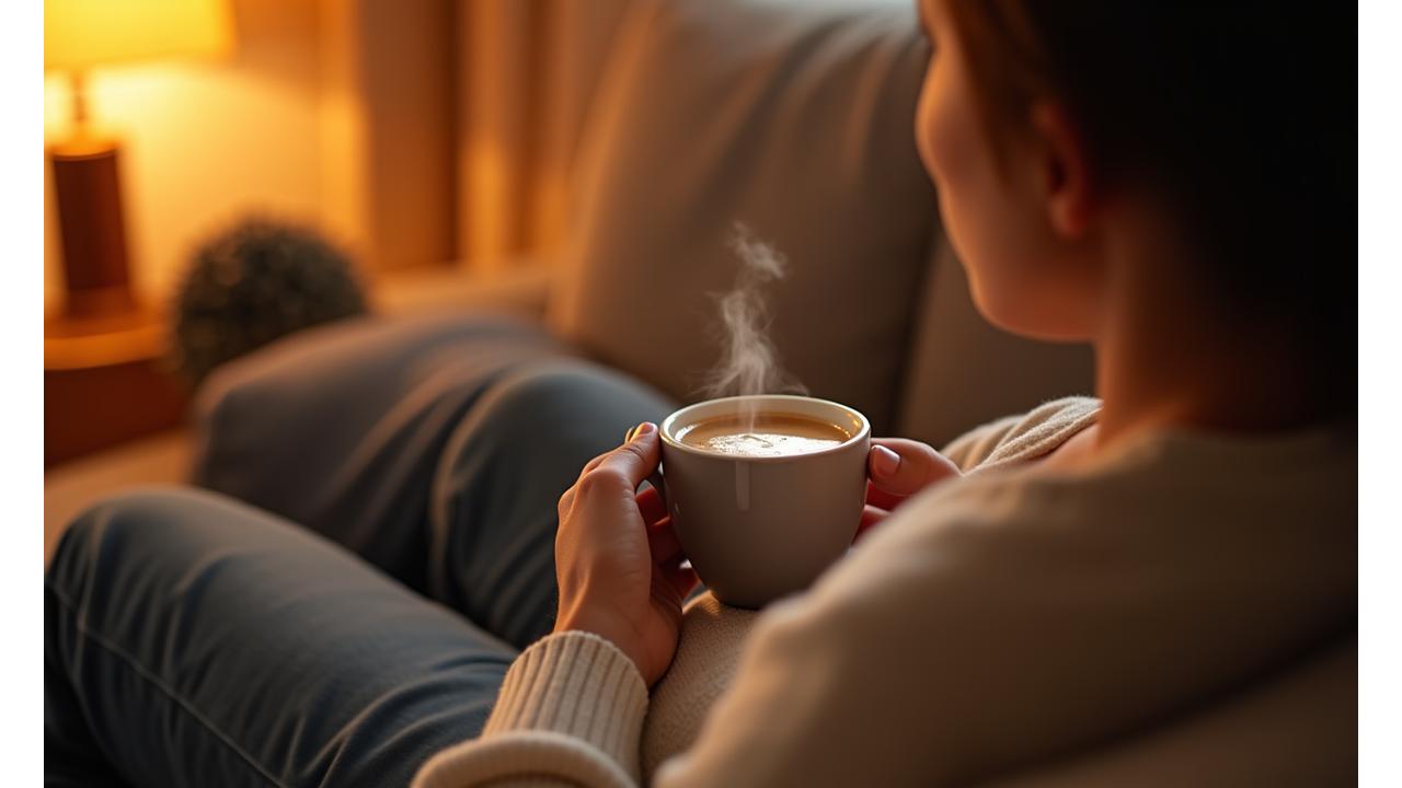 A serene scene depicting a person relaxing peacefully at home in the evening, enjoying a cup of coffee, with soft, warm lighting. The image subtly conveys feelings of calm, well-being, and a good night's sleep, illustrating the benefits of reduced caffeine consumption.