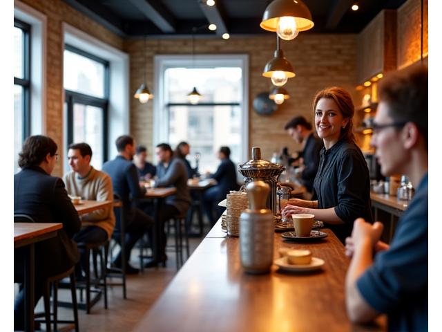 A busy, inviting cafe interior in London, with a diverse group of people enjoying coffee. A barista smiles as they prepare a decaf latte, subtly highlighting an inclusive menu that caters to various preferences. Warm lighting and a modern, artisan aesthetic.