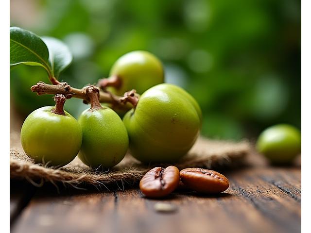 Close-up of vibrant green coffee cherries on a branch, with naturally low-caffeine varietals Laurina and Bourbon Pointu highlighted, showcasing their unique growth and characteristics in a lush, natural setting.