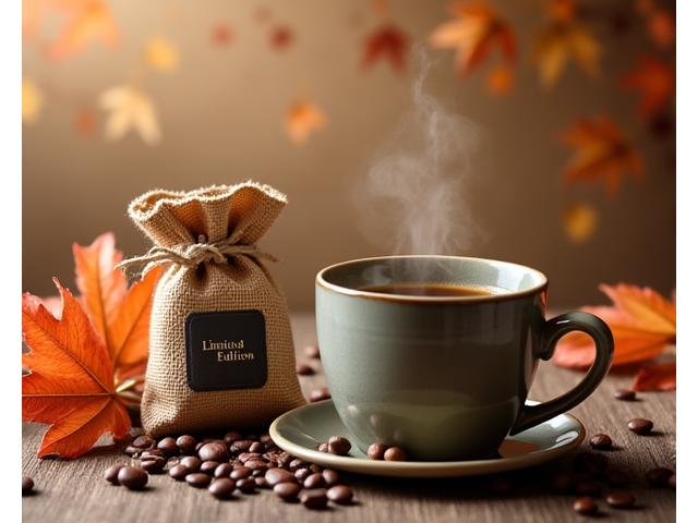 Seasonal coffee cup with autumn leaves next to a bag of limited edition coffee.