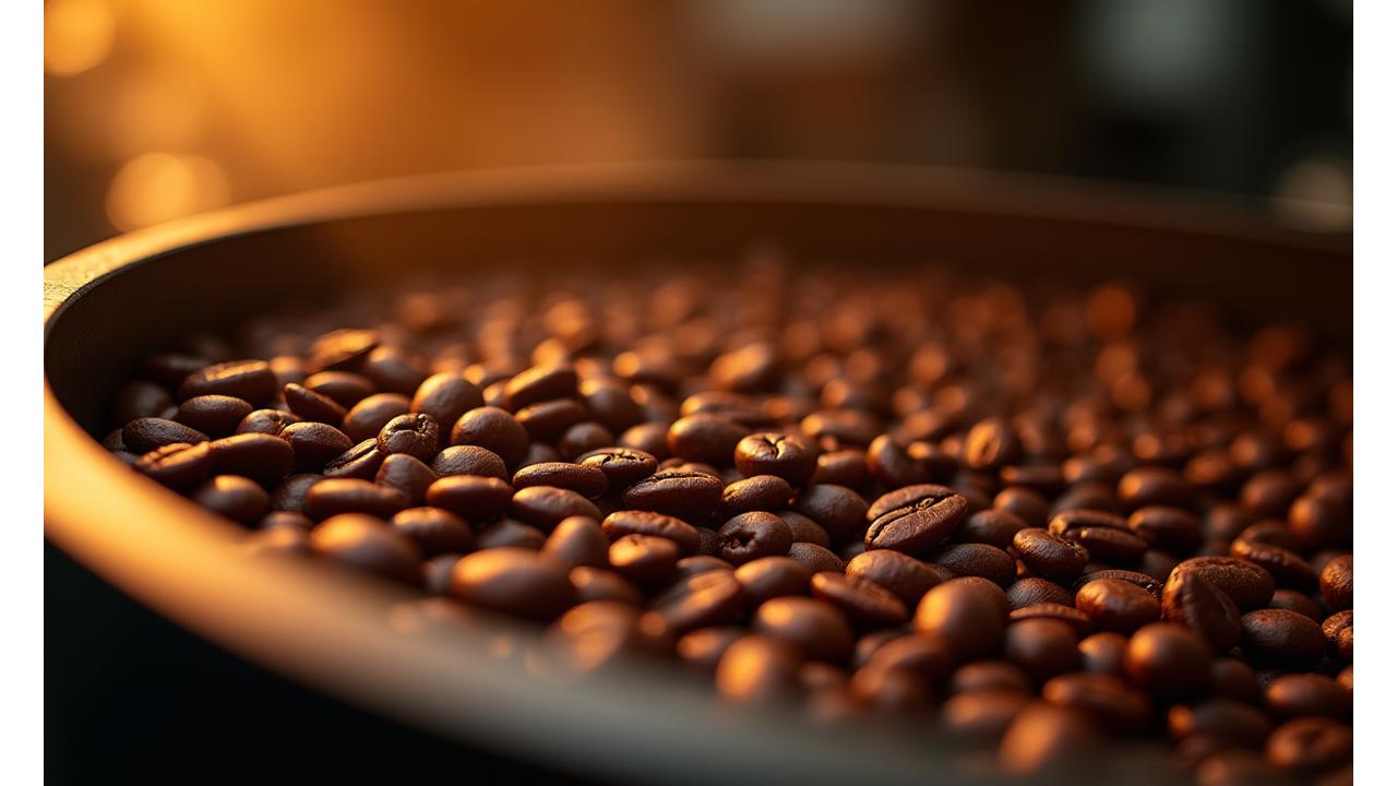 Artisan roaster expertly monitoring fresh coffee beans, vibrant and rich with a warm glow.